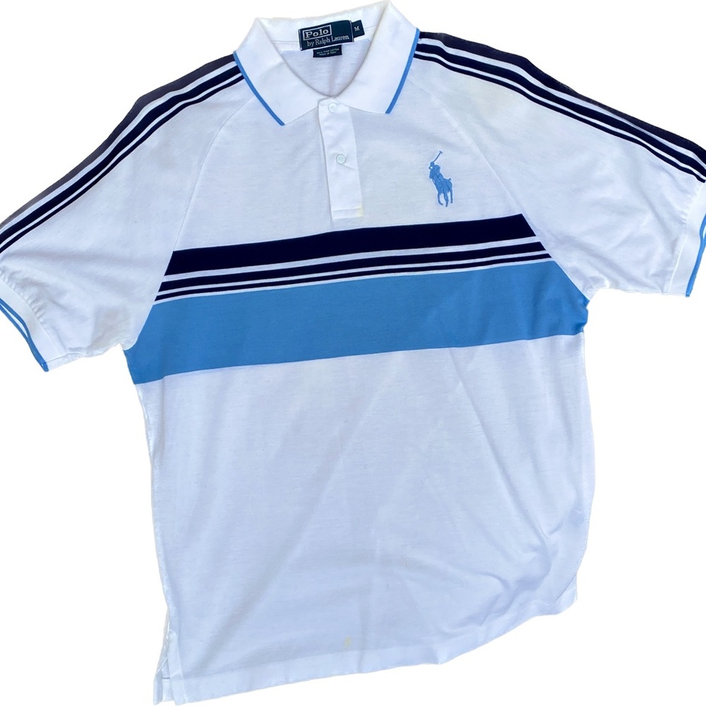 Ralph Lauren Polo Shirt Mens, M blue, navy and white 100% Pima Cotton Sport Golf
